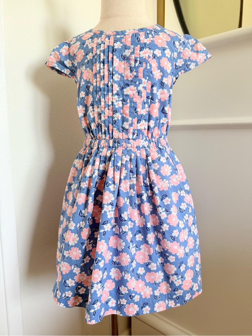 Mini Boden Girls 3-4Y Blue Pink Floral Dress Pleated Cotton Spring Easter